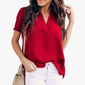 Red Split Neck Blouse | Short Sleeve Tunic Top | Size Large